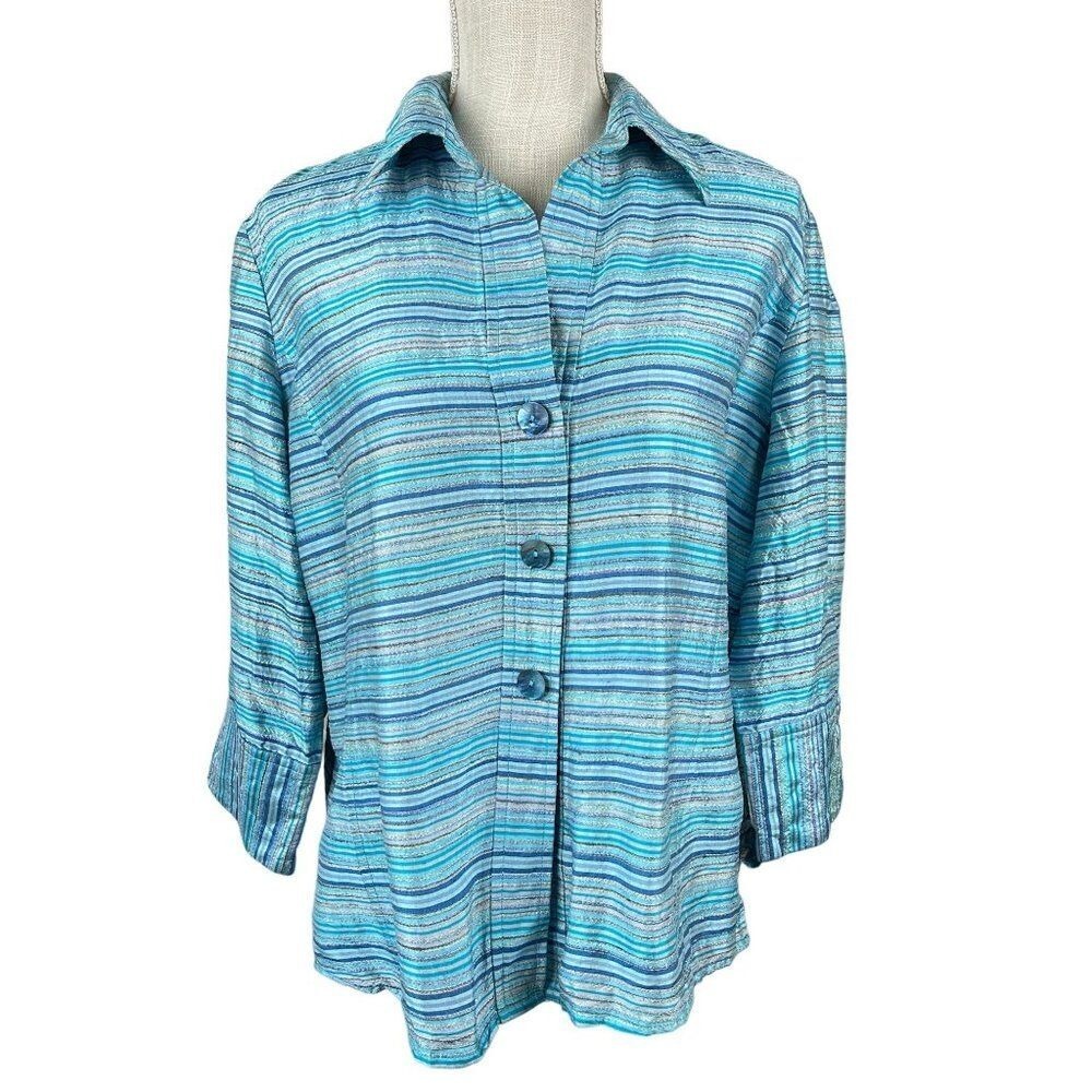 Austin Reed Womens Silk Shirt Top Size 14 Blue Striped Western Cowgirl Button Up